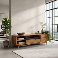 Warm Oak Media Console with Open Shelves and Drawers, view 7