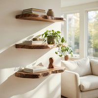 Solid Wood Natural Wood Floating Shelves Mid Century Solid Shelf Festive, view 7