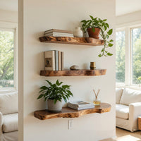 Solid Wood Natural Wood Floating Shelves Mid Century Live Edge Shelf, view 7