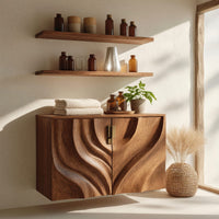 Solid Wood Corner Wall Bathroom Shelf Cabinet Symmetrical Carved Doors, view 7