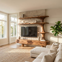 Rustic Wood Tv Cabinet With Sculptural Display Shelves For Home, view 7