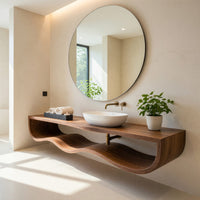 Solid Wood Bathroom Vanity With Floating Wave Shelf Modern Bath, view 7
