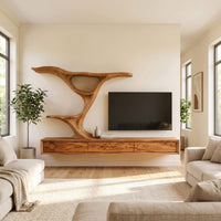 Wooden Floating Tv Stand With Side Branch Shaped Storage For Living, view 7