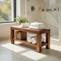 Solid Wood Teak Shower Bench Minimalist With Storage Shelf Bathroom, view 7