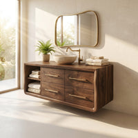 Solid Wood Bathroom Vanity Scandinavian Floating With Open Shelf Apartment, view 7