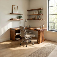 L-Shaped Corner Desk in Solid Hardwood with Shelves, view 7