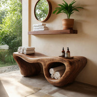 Solid Wood Teak Shower Bench Wave Carved Double Storage Bathroom, view 7