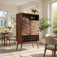 Solid Wood Bar Cabinet Wine With Wave Carved Doors Kitchen, view 7