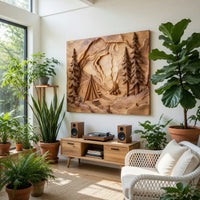 Campfire and Pines Carved Hardwood Wall Art Panel, view 7 — view 7