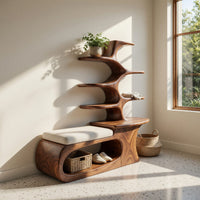 Solid Wood Shoe Storage Bench Japandi Rack Shelf Hallway Closet Section, view 7