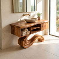 Solid Wood Bathroom Vanity Curved With Open Storage, view 7