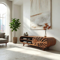 Hand Carved Monstera Leaf Door on a Wood TV Cabinet, view 7