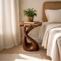 Solid Wood Nightstand Handcrafted With Floral Shaped Tabletop Bedroom, view 7