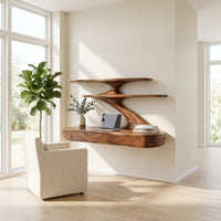 Floating Wooden Desk With Curved Upper Shelf Frame For Workspace, view 7