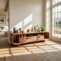 Rolling Curve Walnut Media Console with Two Drawers, view 8