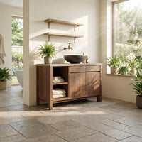 Solid Wood Bathroom Vanity Handcrafted Black With Open Shelves, view 8