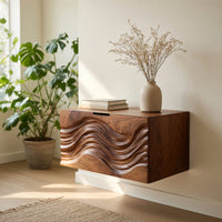 Solid Wood Nightstand Floating With Wave Carved Front Bedroom, view 8