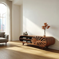 Hand Carved Monstera Leaf Door on a Wood TV Cabinet, view 8