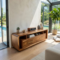 Rounded-Edge Media Console with Brass Pulls, Two Drawers, view 8
