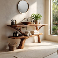 Solid Wood Live Edge Vanity Bathroom Solid With Open Shelf Minimal, view 8