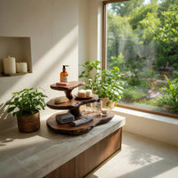 Solid Wood Corner Wall Bathroom Shelf Sculpted Tiered Clean, view 8