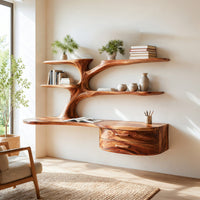 Rustic Wooden Desk With Sculptural Shelving And Drawer For Workspace, view 8