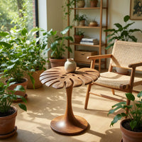 Sculptural Wood Side Table With Leaf Shape Top For Living, view 8