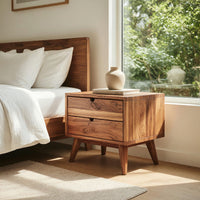 Solid Wood Nightstand Mid Century With Two Drawers Bedroom, view 8