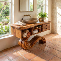 Solid Wood Bathroom Vanity Curved With Open Storage, view 8