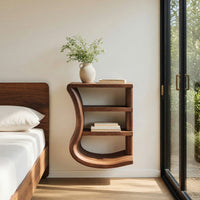 Solid Wood Nightstand Minimal Curved Open Shelf Design Bedroom, view 8