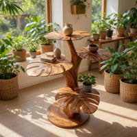 Handmade Wood Side Table With Leaf Shape Tabletop For Lounge, view 8