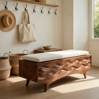 Solid Wood Entryway Storage Bench Coastal Wave Carved, view 8