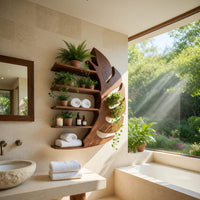 Solid Wood Corner Wall Bathroom Shelf Artistic Leaf, view 8