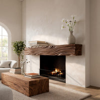 Solid Wood Floating Fireplace Mantel Rustic Shelf With Wave Carved Cozy, view 8