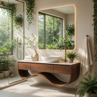 Solid Wood Bathroom Vanity Luxury Cabinet With Undulating Open Shelf Bath, view 8