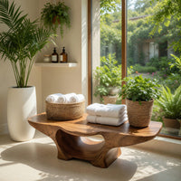 Solid Wood Teak Shower Bench With Curves Storage Space Bathroom, view 8