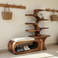 Solid Wood Shoe Storage Bench Japandi Rack Shelf Hallway Closet Section, view 8