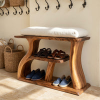 Solid Wood Shoe Storage Bench Mid Century Rack Shelf Foyer Hallway, view 8