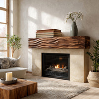 Solid Wood Floating Fireplace Mantel Rustic Shelf With Wave Carved Living, view 8