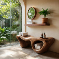 Solid Wood Teak Shower Bench Wave Carved Double Storage Bathroom, view 8