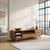 Warm Oak Media Console with Open Shelves and Drawers, view 8