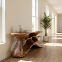 Wooden Console Table With Sculptural Form For Living Statement, view 8
