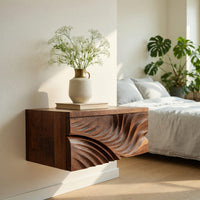 Solid Wood Nightstand Elegant Floating With Carved Front Bedroom, view 8