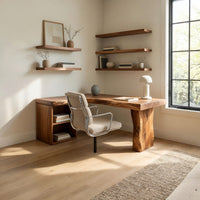 L-Shaped Corner Desk in Solid Hardwood with Shelves, view 8