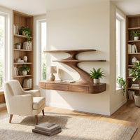 Floating Wooden Desk With Curved Upper Shelf Frame For Workspace, view 8