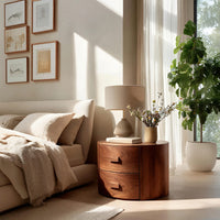 Solid Wood Nightstand Round Two Drawer Modern Bedroom, view 8