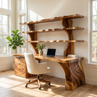 Organic Wood Desk With 3 Tier Integrated Bookshelf For Study Room, view 8