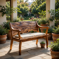 Solid Wood Outdoor Garden Bench With Wave Carved Backrest Exterior, view 8