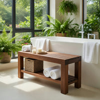 Solid Wood Teak Shower Bench Minimalist With Storage Shelf Bathroom, view 8