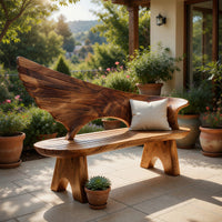 Solid Wood Outdoor Garden Bench With Wing Inspired Carved Backrest, view 8